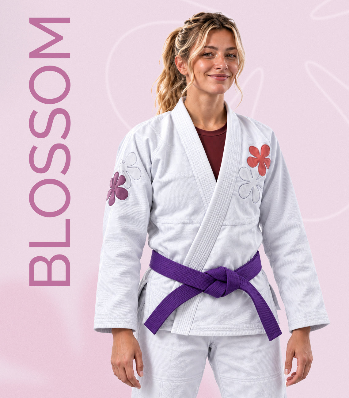 Rios Blossom Gi – hvit limited edition BJJ-drakt med rosa blomster og lilla belte