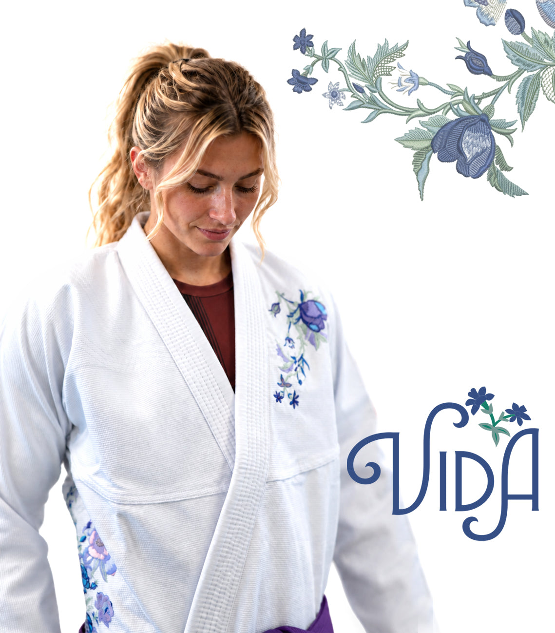 Rios Vida Gi – hvit limited edition BJJ-drakt med lilla blomsterbroderi